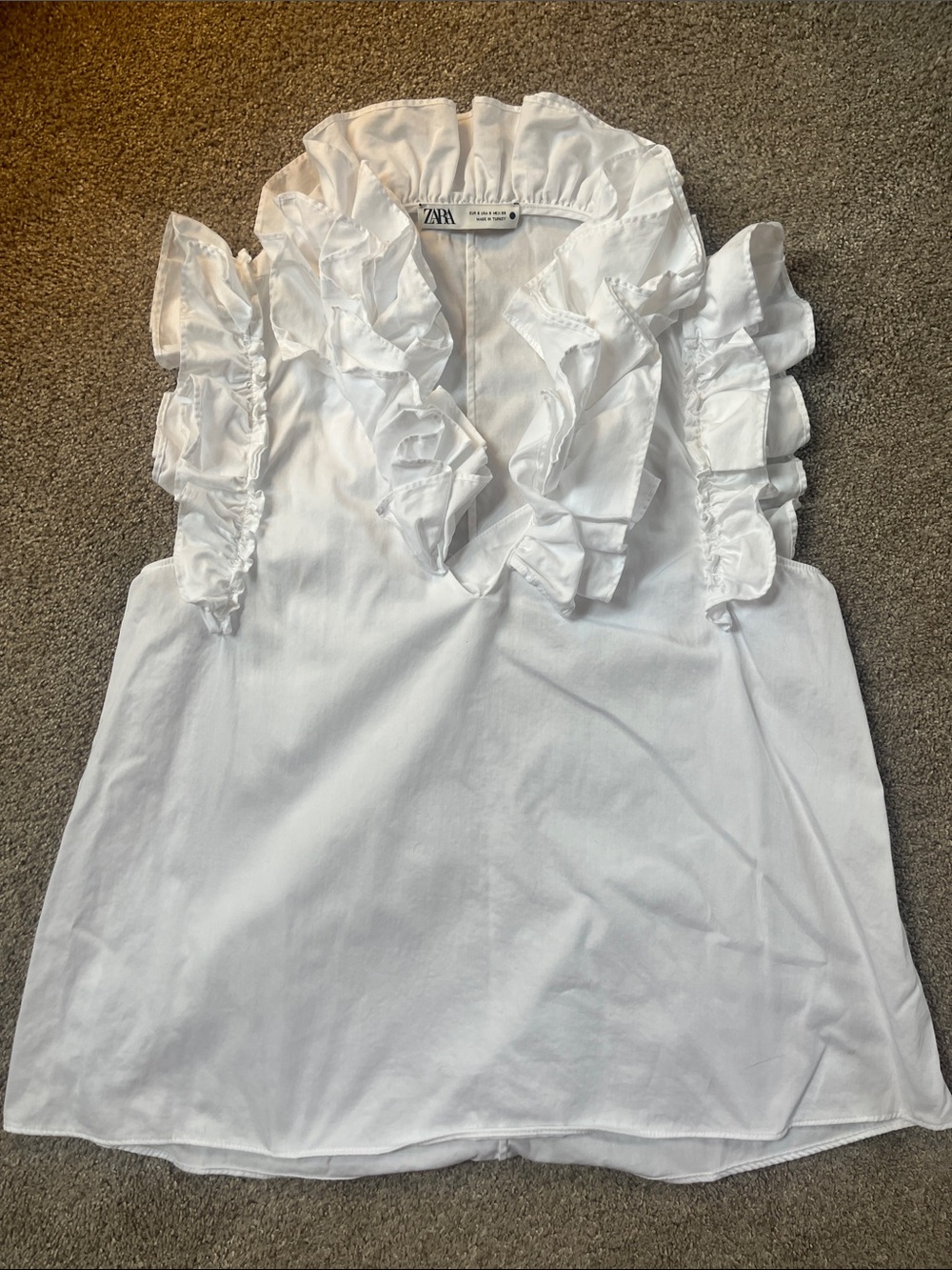 ☀️☀️☀️ZARA Made in Turkey Mega Ruffled Sleeveless White Cotton Poplin Blouse szS